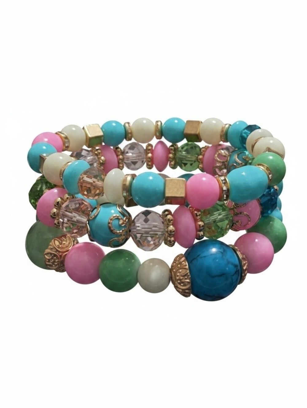 Pastel Multicolor Beaded Stretch Bracelet Set - Turquoise, Pink & Green